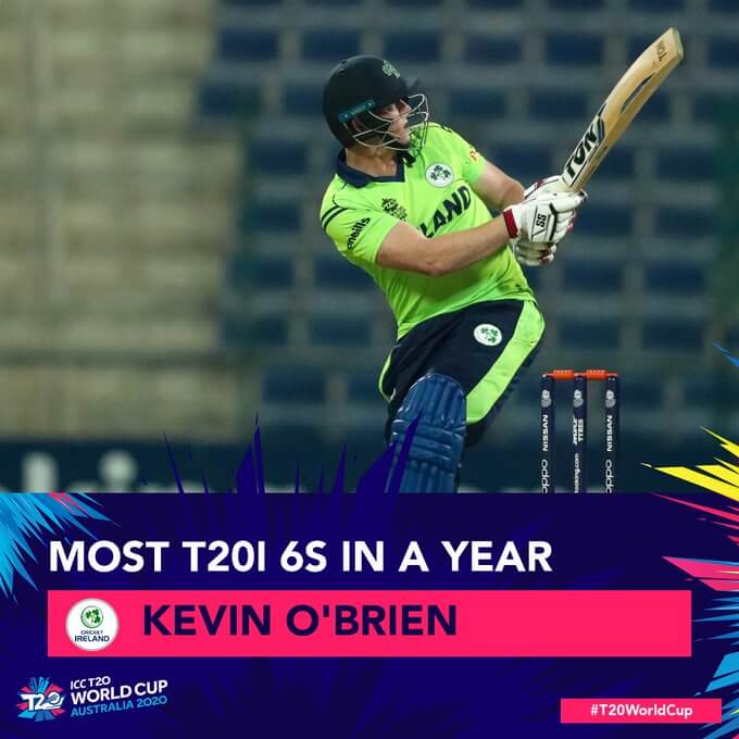 Kevin O'Brien equalized the world record of Colin Munro's most sixes hit in a calendar year in Men's T20 cricket