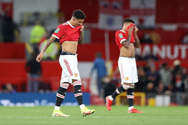 Jadon Sancho of Manchester United reacts during the Carabao Cup Third Round match between Manchester United and West Ham United at Old Trafford