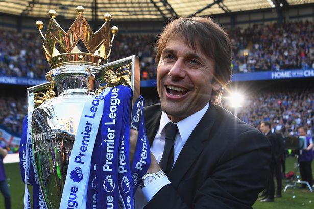 Antonio Conte, Manager of Chelsea poses with the Premier League Trophy after the Premier League match between Chelsea and Sunderland at Stamford Bridge on May 21, 2017 in London, England