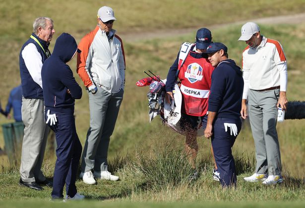 Play was held up for several minutes while Koepka argued with officials