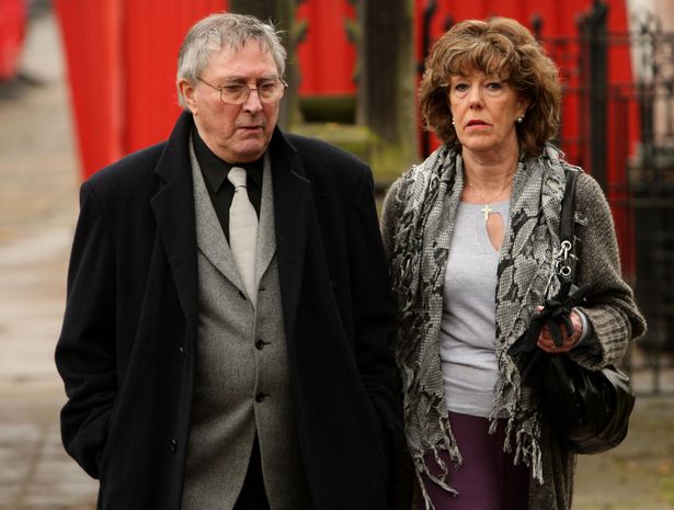 Coronation Street actress Sue Nicholls arrives with her husband Mark Eden for a memorial service for Sara Roache, the wife of Coronation Street actor Bill
