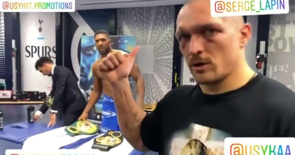 Oleksandr Usyk returns Anthony Joshua’s belts in changing room moments after win