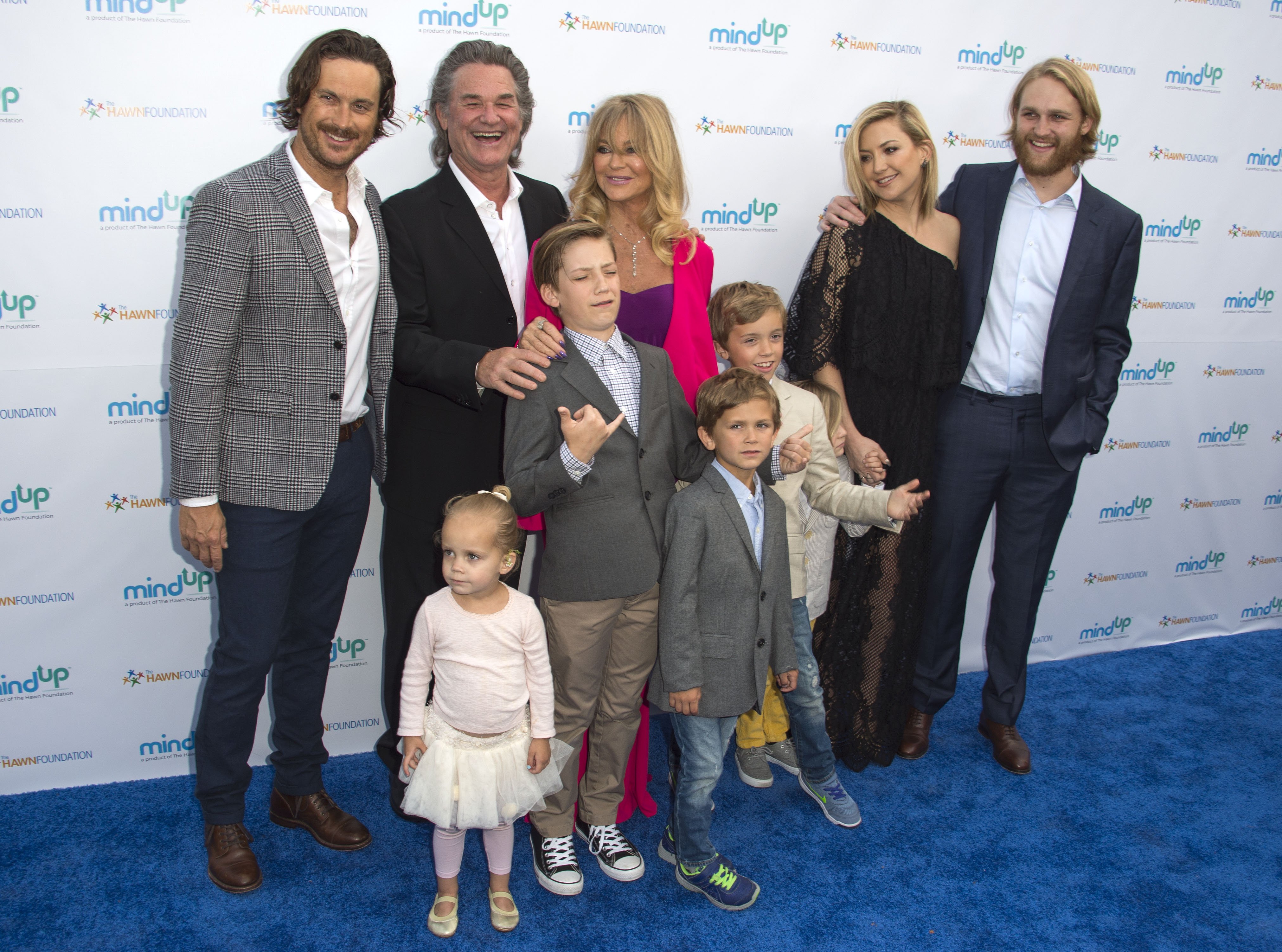 Oliver Hudson, Kurt Russell, Goldie Hawn, Wyatt Russell and Kate Hudson with kids Ryder Robinson, Wilder Hudson, Bodhi Hudson, Rio Hudson and Bingham Bellamy attend Goldie Hawn's Annual "Goldie's Love in for Kids" Event, in Beverly Hills, California, on May 6, 2016. | 