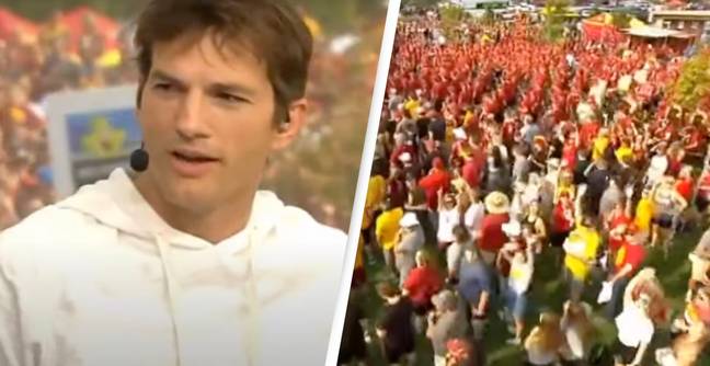 Ashton Kutcher Sank Out By “Take A Shower” Carols On Live TV Broadcast Of College Football Game