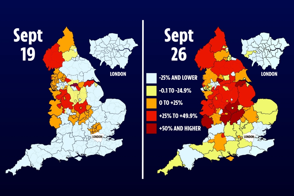 Brits catching Covid every day rises by 30% in a week as map reveals outbreak hotspots