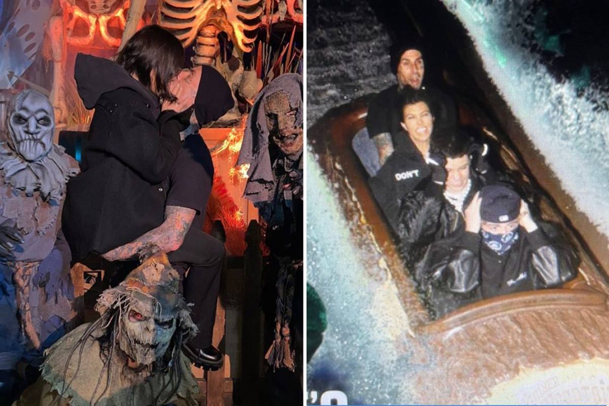 Kourtney Kardashian kisses Travis Barker & wears baggy jacket on water ride at amusement park amid pregnancy rumors