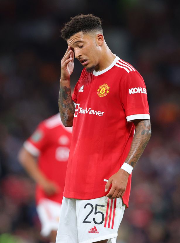 Jadon Sancho of Manchester United looks dejected during the Carabao Cup Third Round match between Manchester United and West Ham United