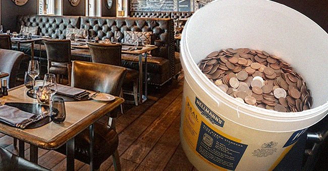 A bucket of copper coins with the inside of a restaurant in the background. | Source: twitter.com/rianjkeogh Wikimedia Commons/HHF FL/CC BY-SA 4.0