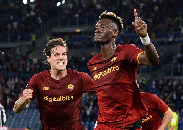 Tammy Abraham of AS Roma celebrates with teammate NicolÃ² Zaniolo after scoring goal 1-0 during the Serie A match between AS Roma v Udinese Calcio
