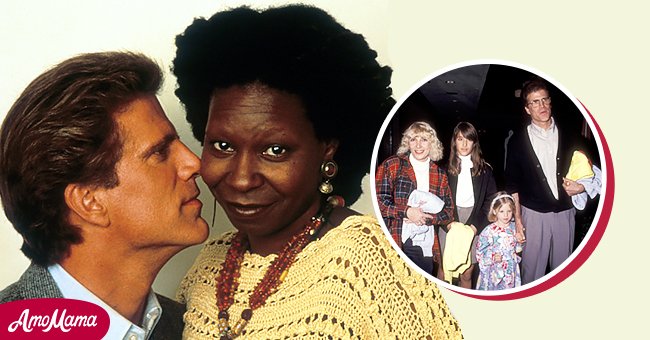 On the left Ted Danson and Whoopi Goldberg in a scene from the film 'Made In America', 1993, in Hollywood. On the right, Danson with his second wife Casey and their children in Los Angeles in 1991. | Source: Getty Image