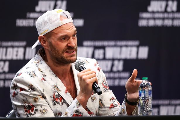 Tyson Fury speaks at the press conference with Deontay Wilder at The Novo by Microsoft at L.A. Live on June 15, 2021 in Los Angeles, California.