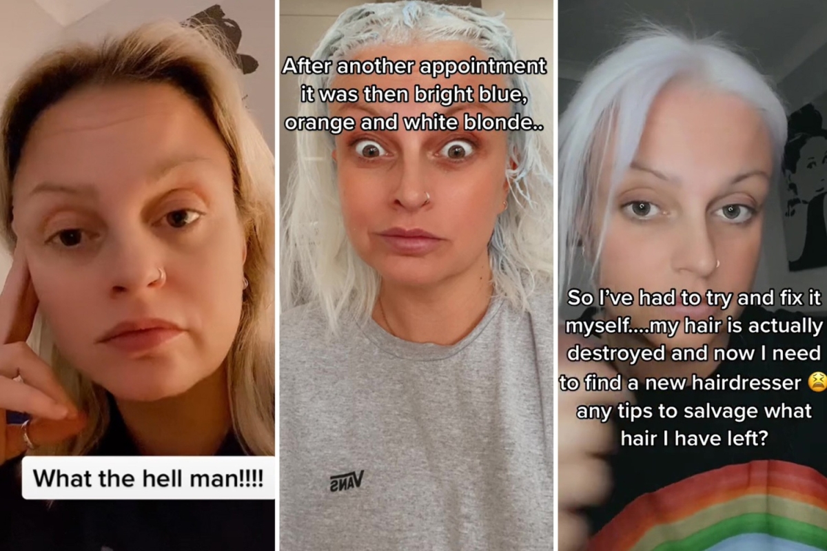 Woman asks for platinum blonde hair but is fuming after stylist turns it blue and orange… and she still hasn’t fixed it