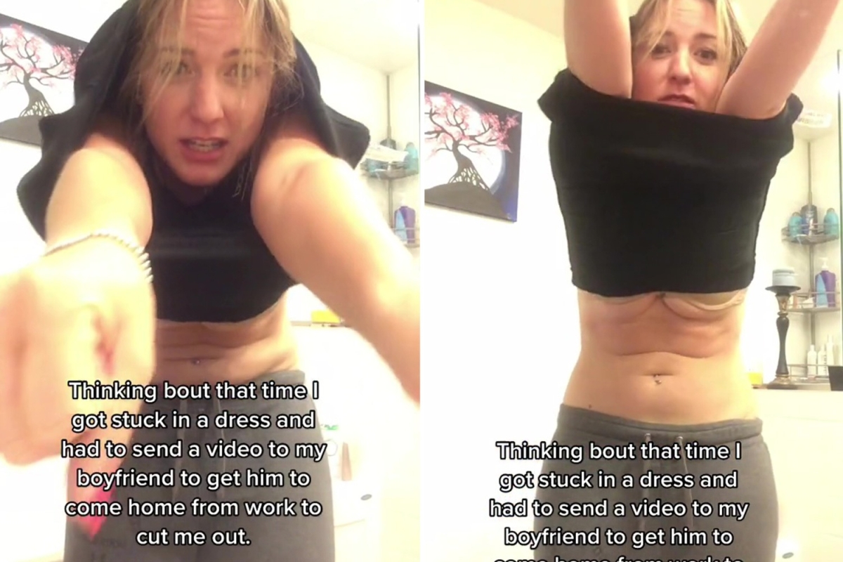 Woman gets stuck in her dress while home alone