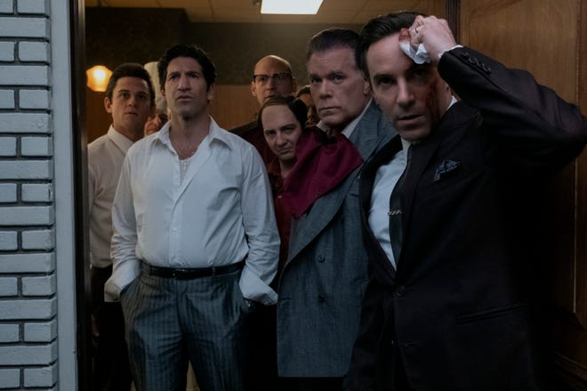 Ray Liotta and Alessandro Nivola (far right) play father and son in "The Many Saints of Newark." From left: Billy Magnussen, Jon Bernthal, Corey Stoll (background center) and John Magaro.