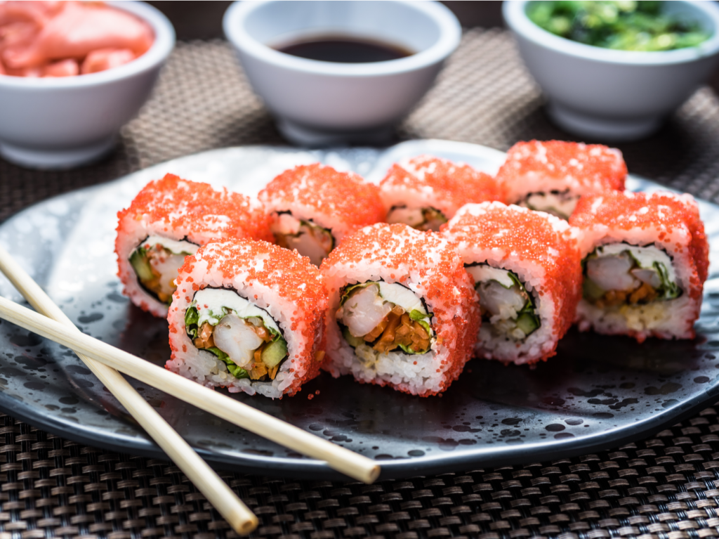 Masago-covered sushi