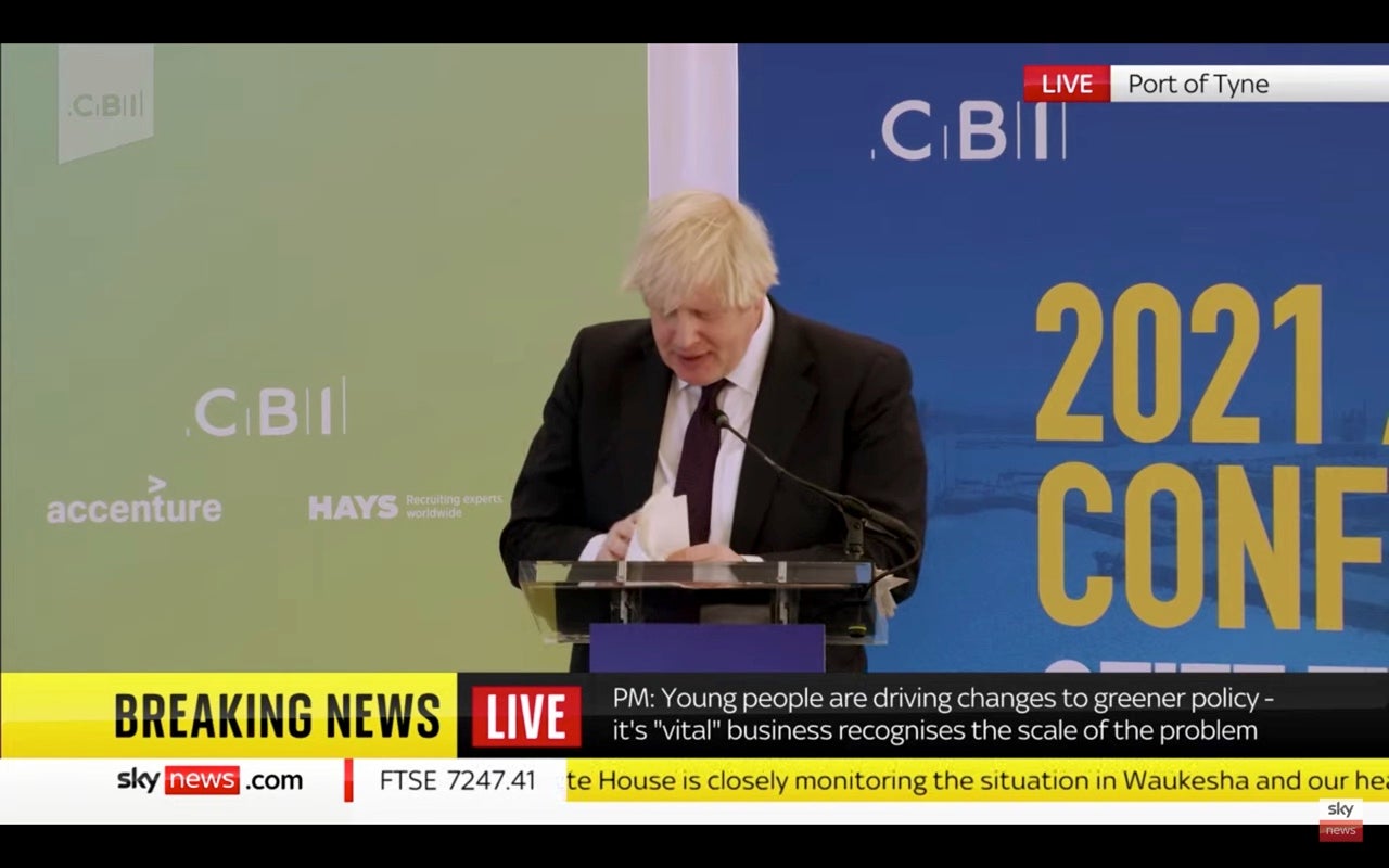 Boris Johnson loses his place in speech to CBI for 25 seconds and it’s as awkward as it sounds