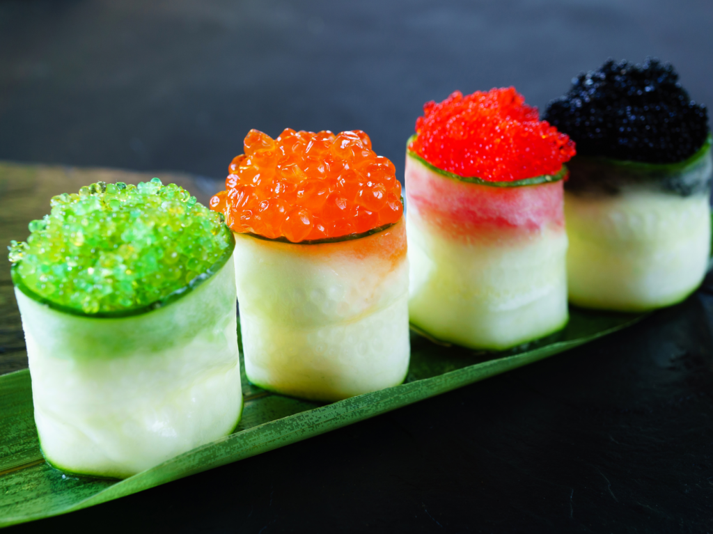 Different types of roe on sushi