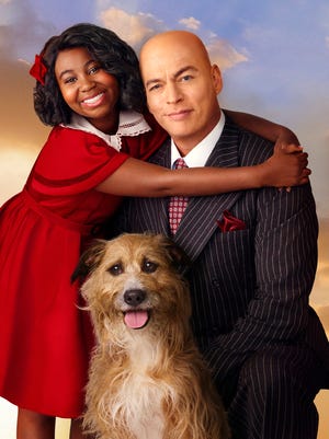 Celina Smith as Annie, Sandy as Sandy the dog, Harry Connick, Jr. as Daddy Warbucks  in a promo photo for NBC's "Annie Live!"