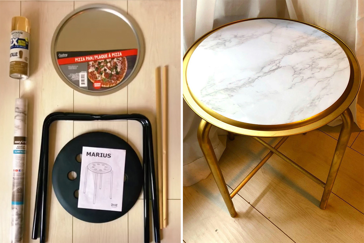 DIY-skilled, I made a marble table from a pizza pan, stool and contact paper. It cost me $10