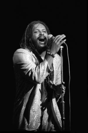 James Mtume performs onstage at the Hammersmith Odeon on January 27, 1985, in London, England.