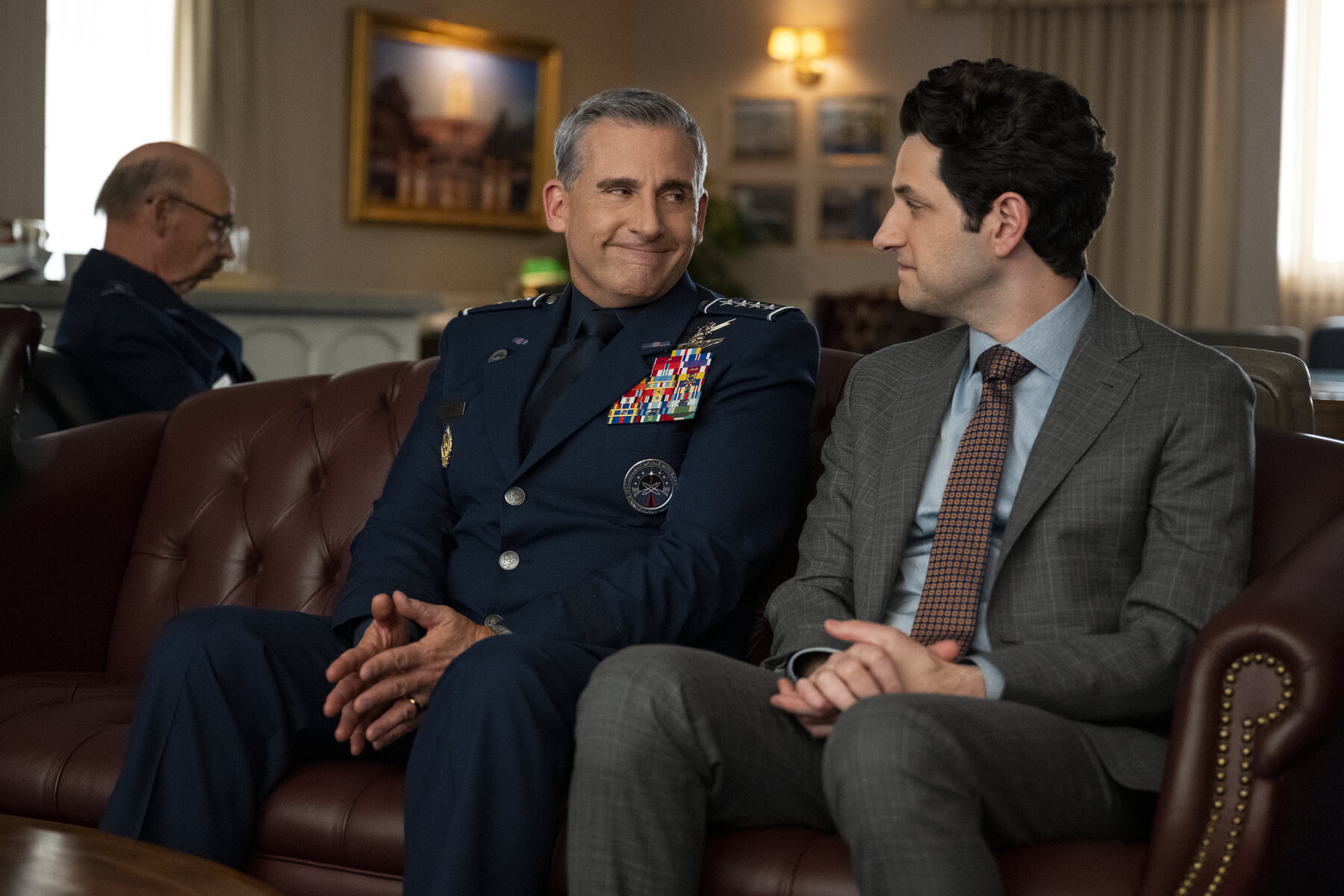 Steve Carell as General Mark Naird and Ben Schwartz as F. Tony Scarapiducci in season two of the Netflix series "Space Force"