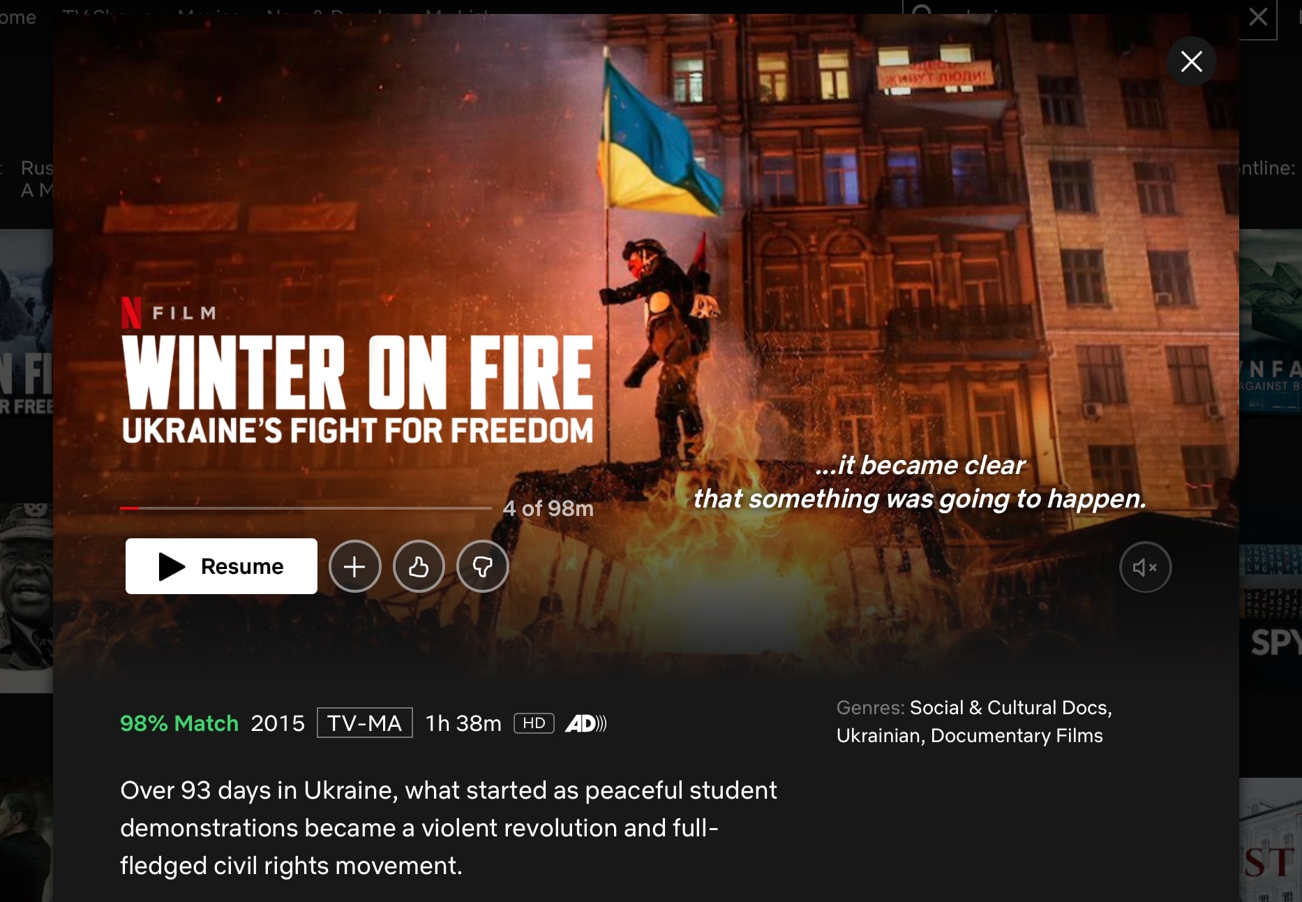 Netflix’s “Winter on Fire” Ukraine documentary is now available for free to all.