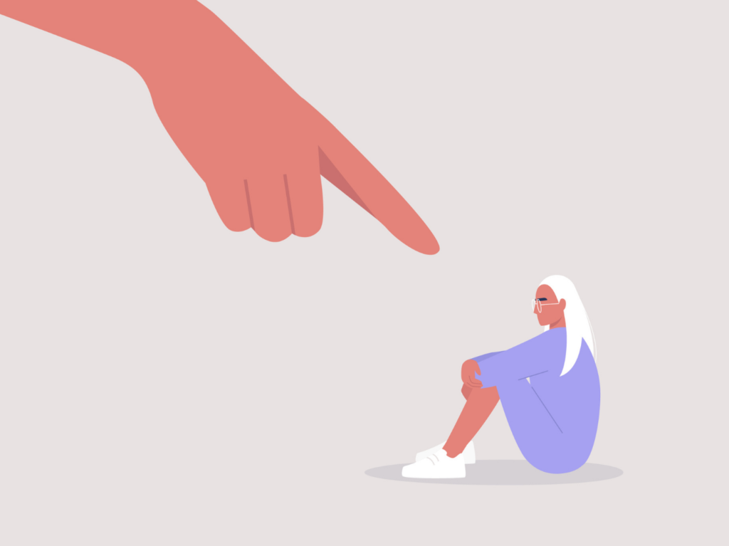 Large hand pointing at someone sitting down looking sad, illustration