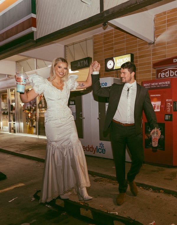 For an engagement shoot at 7-Eleven, the bride wore her mom's wedding dress