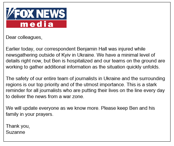 Fox Reporter Benjamin Hall Injured in Ukraine. Condition Unknown