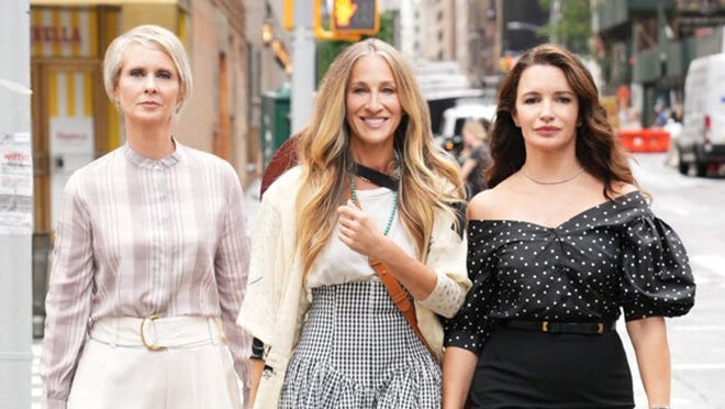 Cynthia Nixon, far left, Sarah Jessica Parker and Kristin Davis returned for a revival of "Sex and the City," HBO Max's "And Just Like That..."