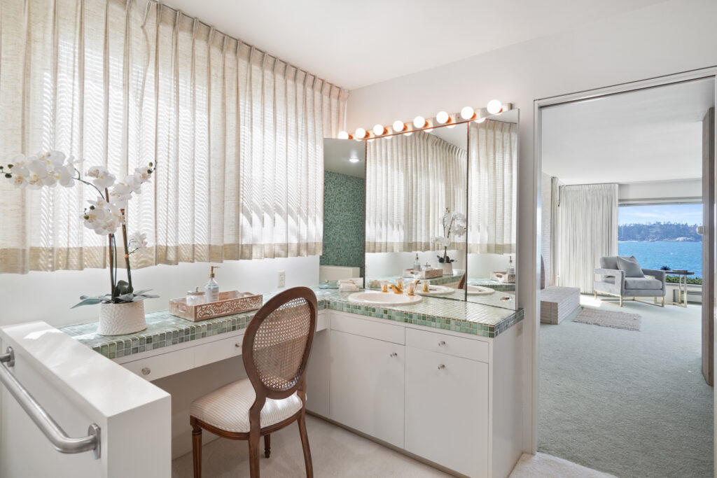 An interior shot of the master bathroom of Betty White's Carmel-by-the-Sea home. 