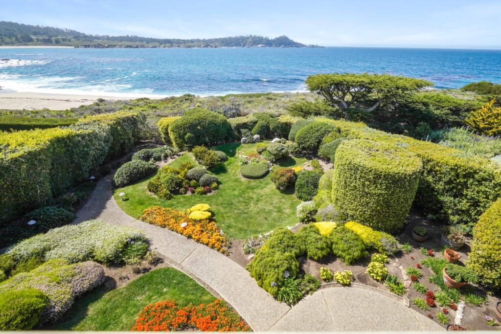 An exterior view of the garden at Betty White's Carmel-by-the-Sea home. 