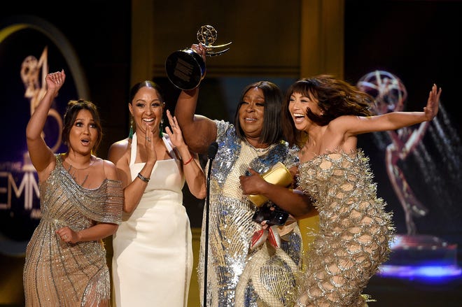 (L-R) Adrienne Houghton, Tamera Mowry, Loni Love and Jeannie Mai Jenkins win Outstanding Entertainment Talk Show Host for "The Real" during the 45th annual Daytime Emmy Awards on April 29, 2018.