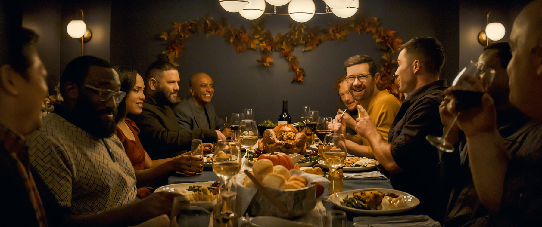 (from left) Peter (Peter Kim), Paul (Justin Covington), Tina (Monica Raymund), Edgar (Guillermo Díaz), Tom (D’Lo), Lucas (Becca Blackwell), Bobby (Billy Eichner), Aaron (Luke Macfarlane), Marty (Symone) and Henry (Guy Branum) in Bros, directed by Nicholas Stoller.