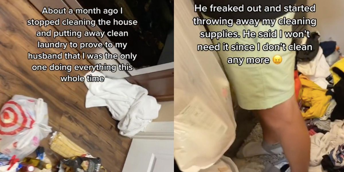 A woman gives up cleaning in order to slay her lazy husband