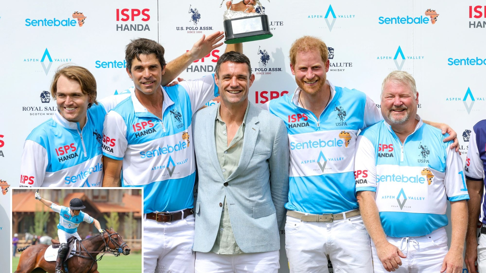 After winning the polo title together with his team at a charity tournament, Jubilant Prince Harry takes home the trophy