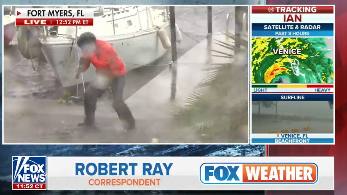 Hurricane Ian strikes Florida. Newscasters Face Extreme Elements from the Frontline