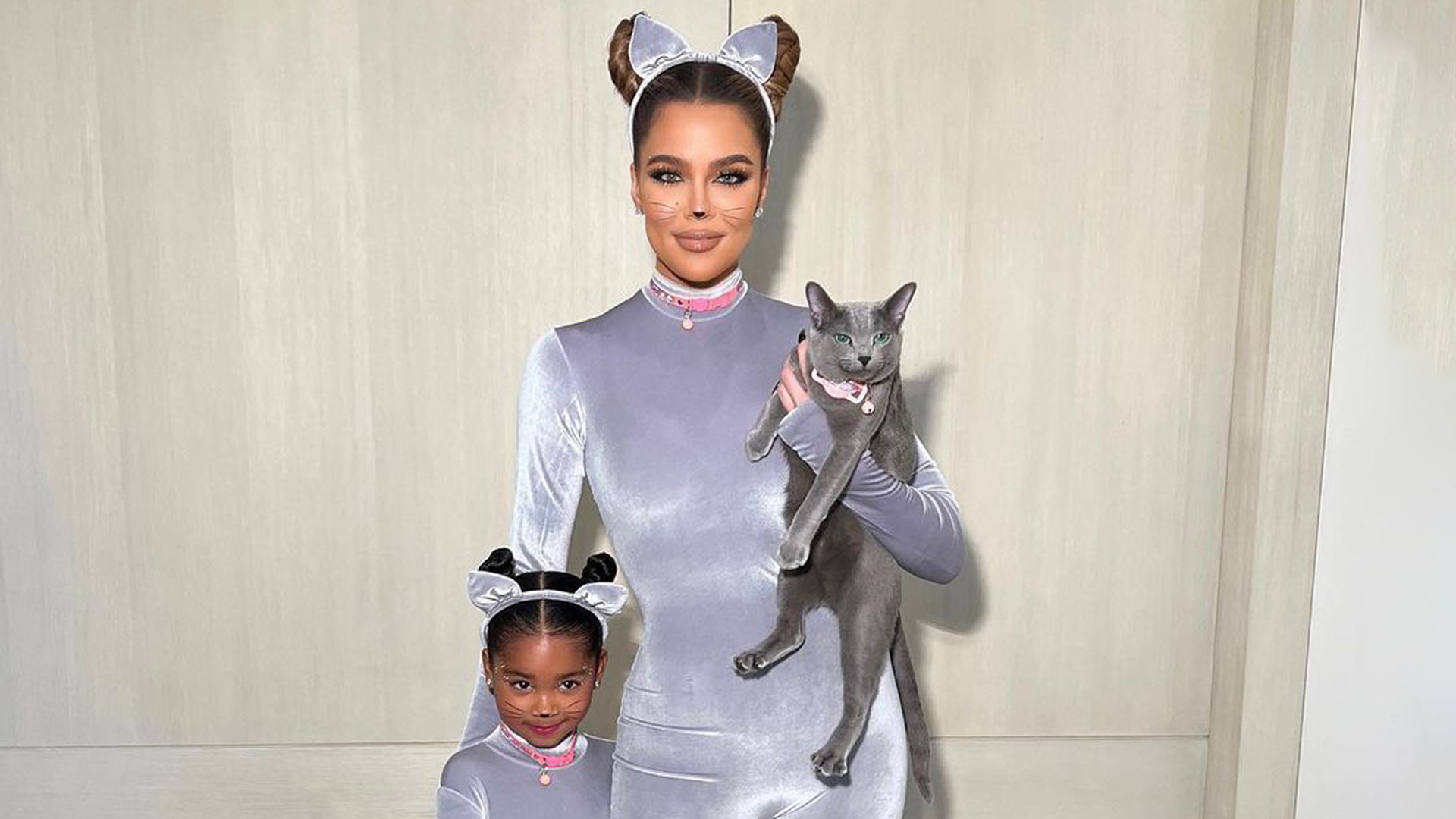 True Kardashian, Khloe Kardashian’s 4-year-old daughter, shows off Grey Kitty’s SKIMS outfit that Kim gifted her.