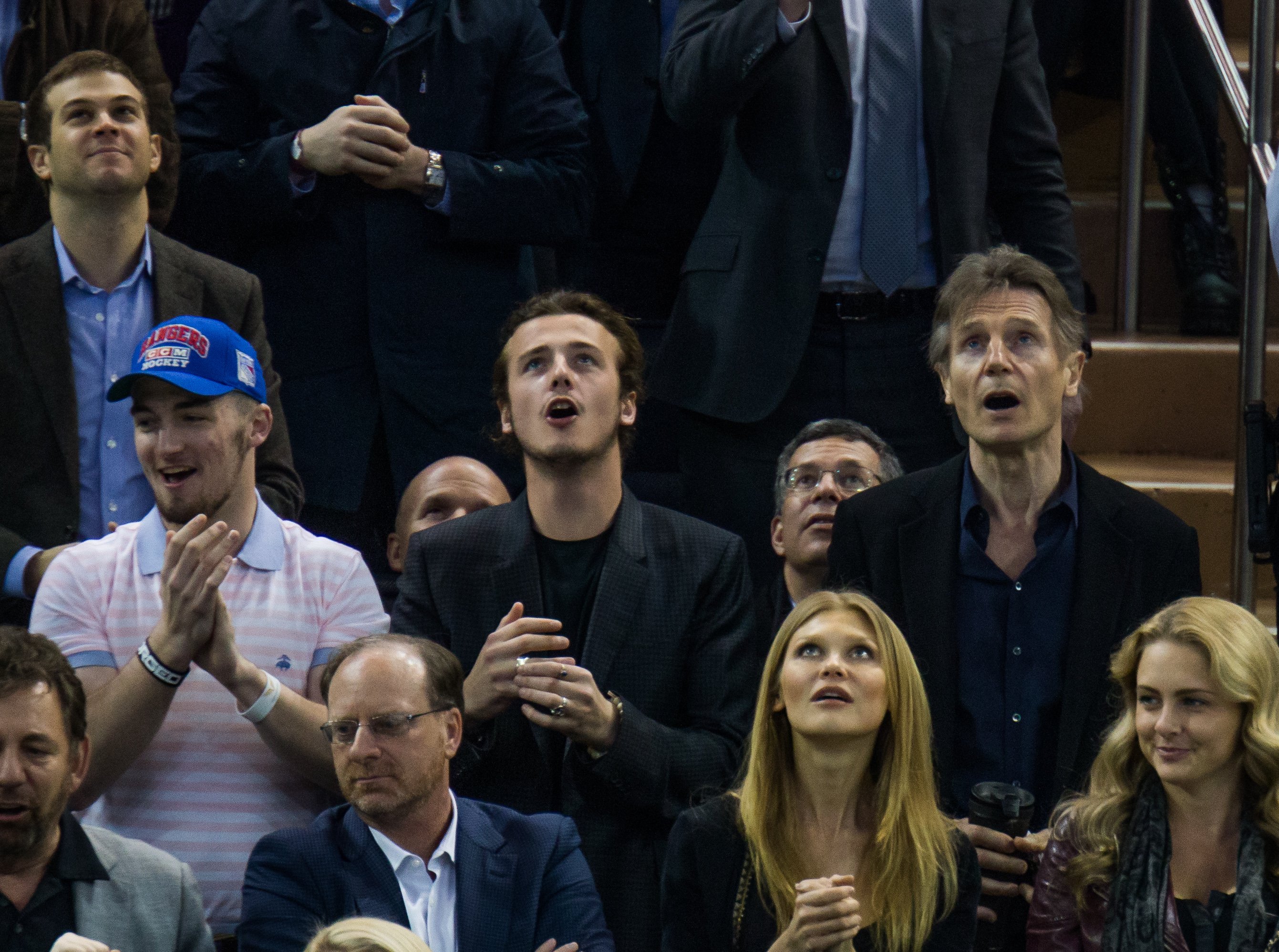 Liam Neeson and his sons Daniel Neeson, and Micheal Neeson attend New York Rangers Vs. Boston Bruins game at Madison Square Garden on March 23, 2016. | Source: Getty Images