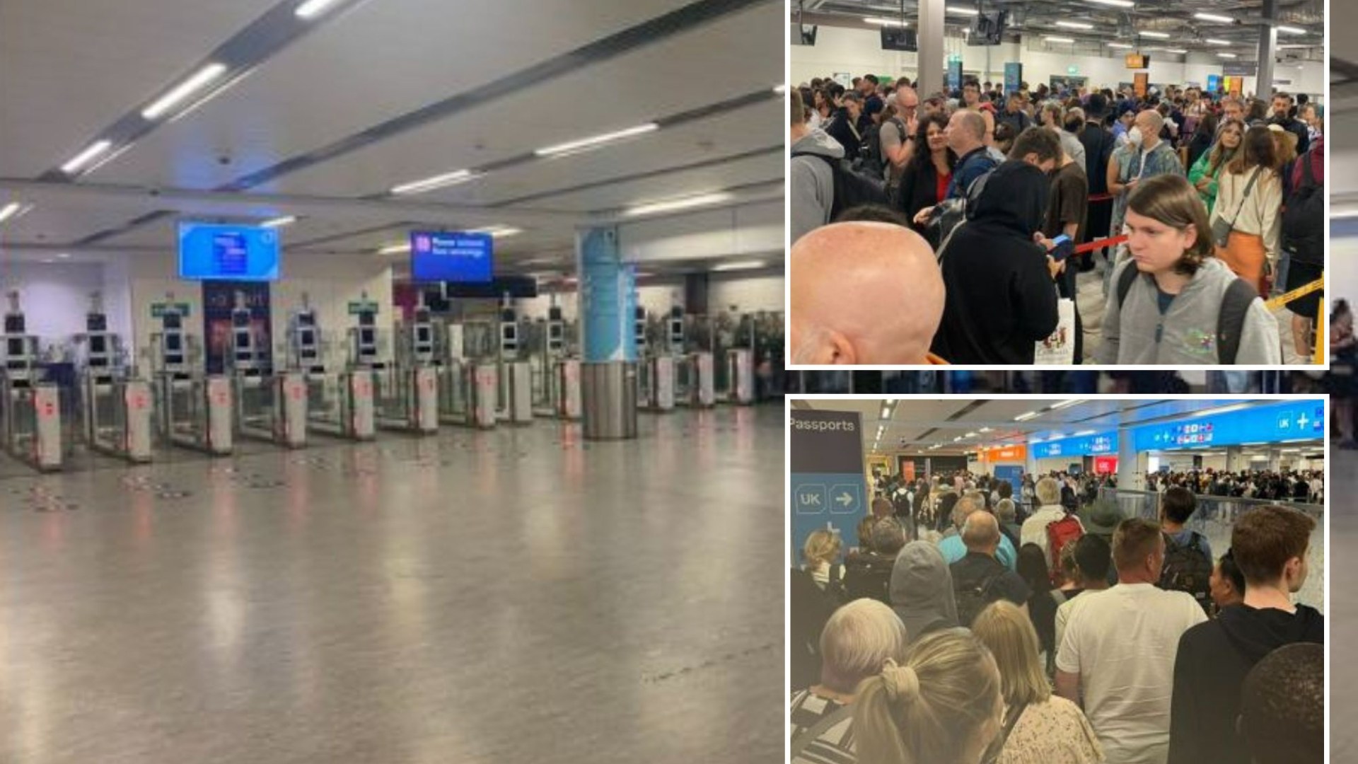 Travel chaos as holidaymakers at UK airports are forced to wait in long queues after passport gates stop working