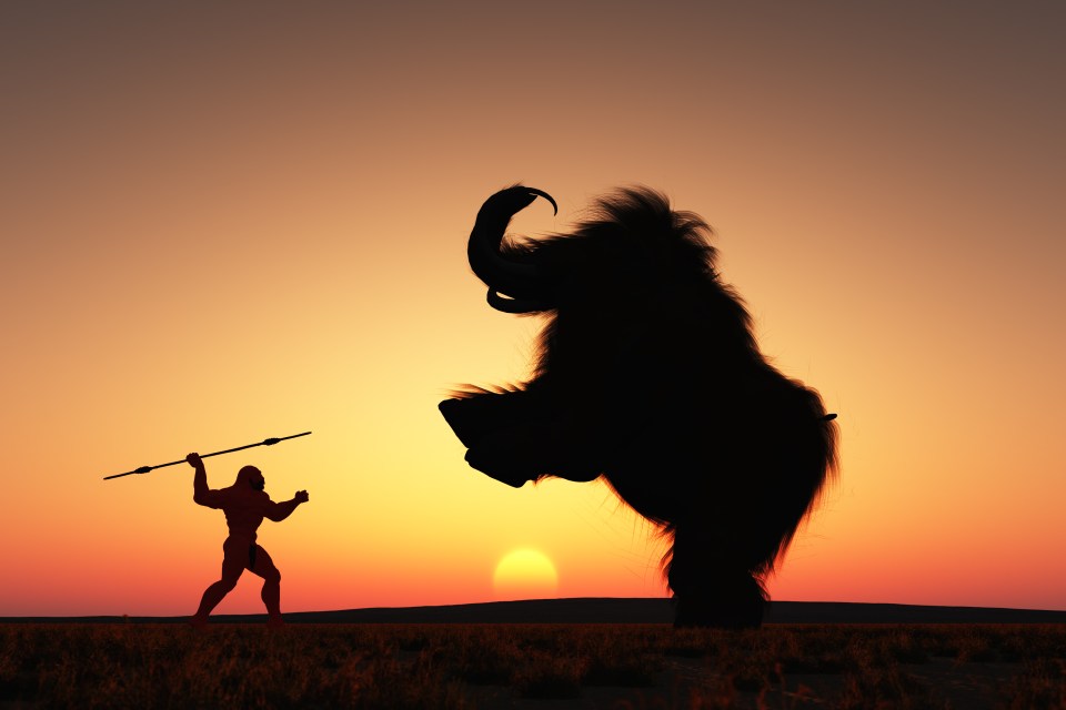 An illustration of Neanderthals hunting a mammoth. Late Neanderthals, like Thorin, lived during the Ice Age and would have come into contact with the creatures