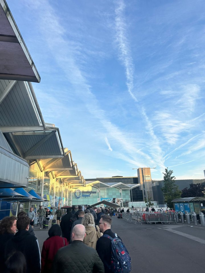 A queue of 500 has formed outside the airport this morning, pictured today