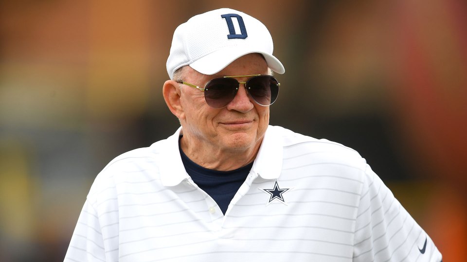 Dallas Cowboys owner Jerry Jones looks on during training camp practice in 2021