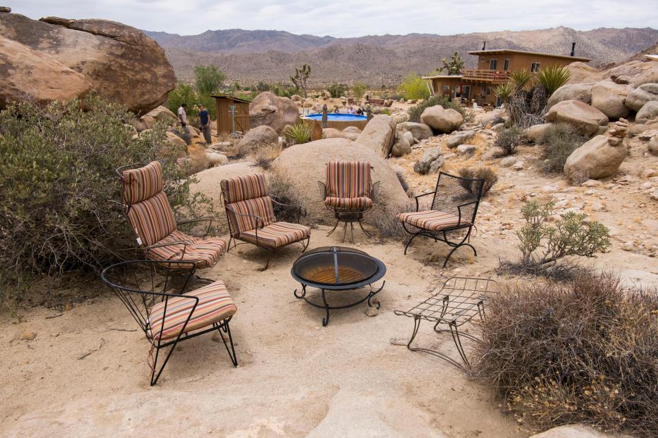 Outdoor activities at Twentynine Palms, including a fire pit and hot tub