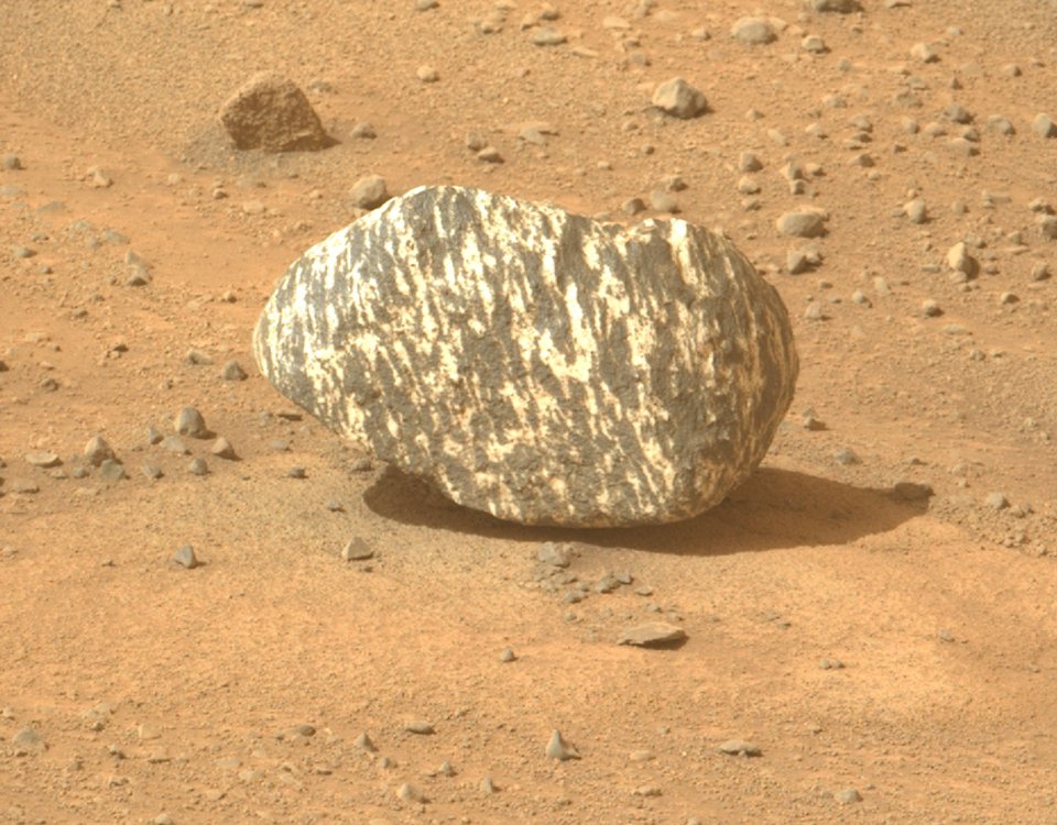 Perseverance found the rock on a flat sandy plane above the deep sloping sides of the 1,000-meter-deep crater last month